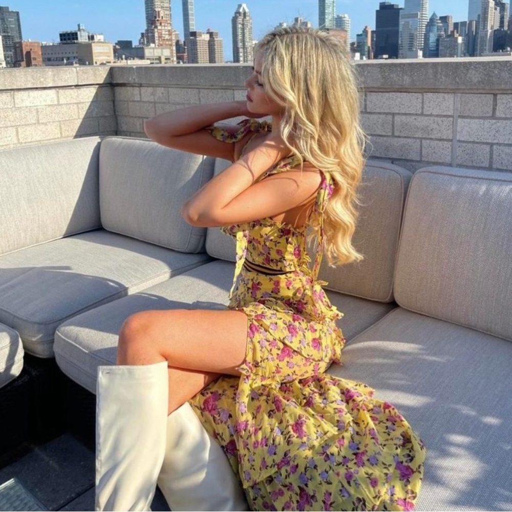 For love and lemon floral tie shoulder high low maxi dress sweetheart neckline.